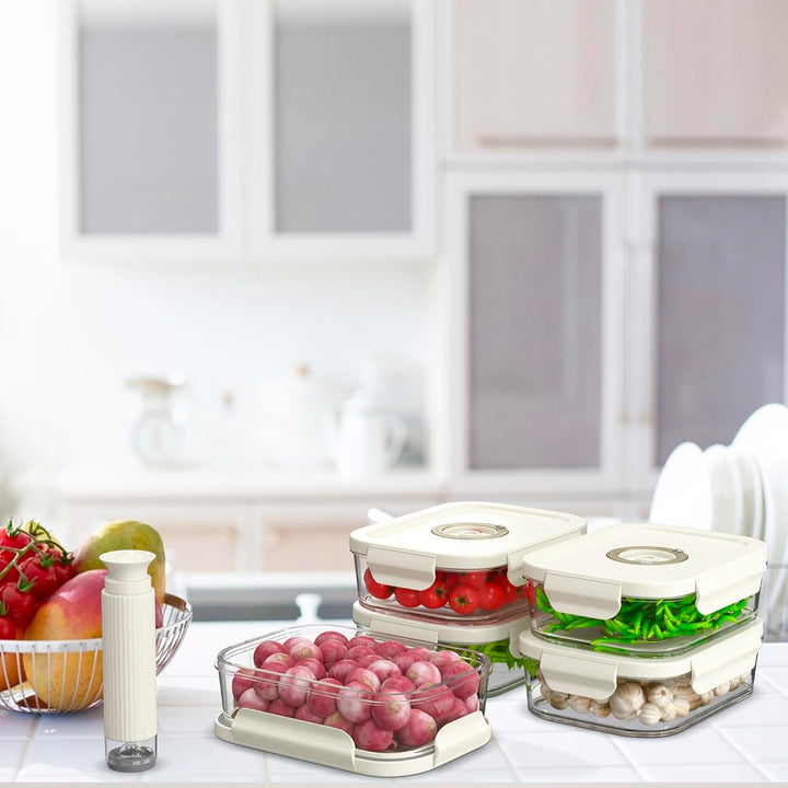 5er-Pack 1040ml Glas-Vakuum-Lebensmittelbehälter mit Datumsanzeige & Pumpe - luftdichte Vakuumbehält