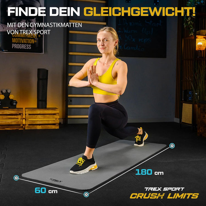 TREX SPORT Gymnastikmatte extra dick und weich | Fitnessmatte 180x60x1cm mit Tragegurt | Yogamatte r