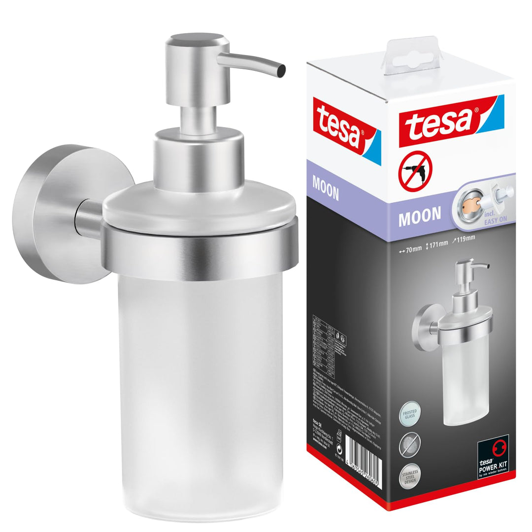 tesa Moon Seifenspender-Set, satiniertes Glas und verchromter Edelstahl - Flüssigseifenspender zur W