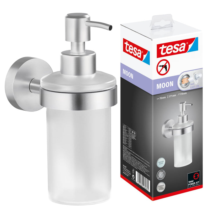 tesa Moon Seifenspender-Set, satiniertes Glas und verchromter Edelstahl - Flüssigseifenspender zur W