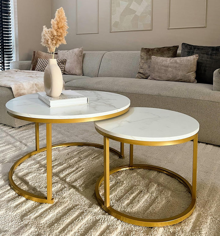 Home Heaven® Couchtisch Rund Weiss Marmor mit Gold – Runder Wohnzimmertisch 2er Set für Wohnzimmer -
