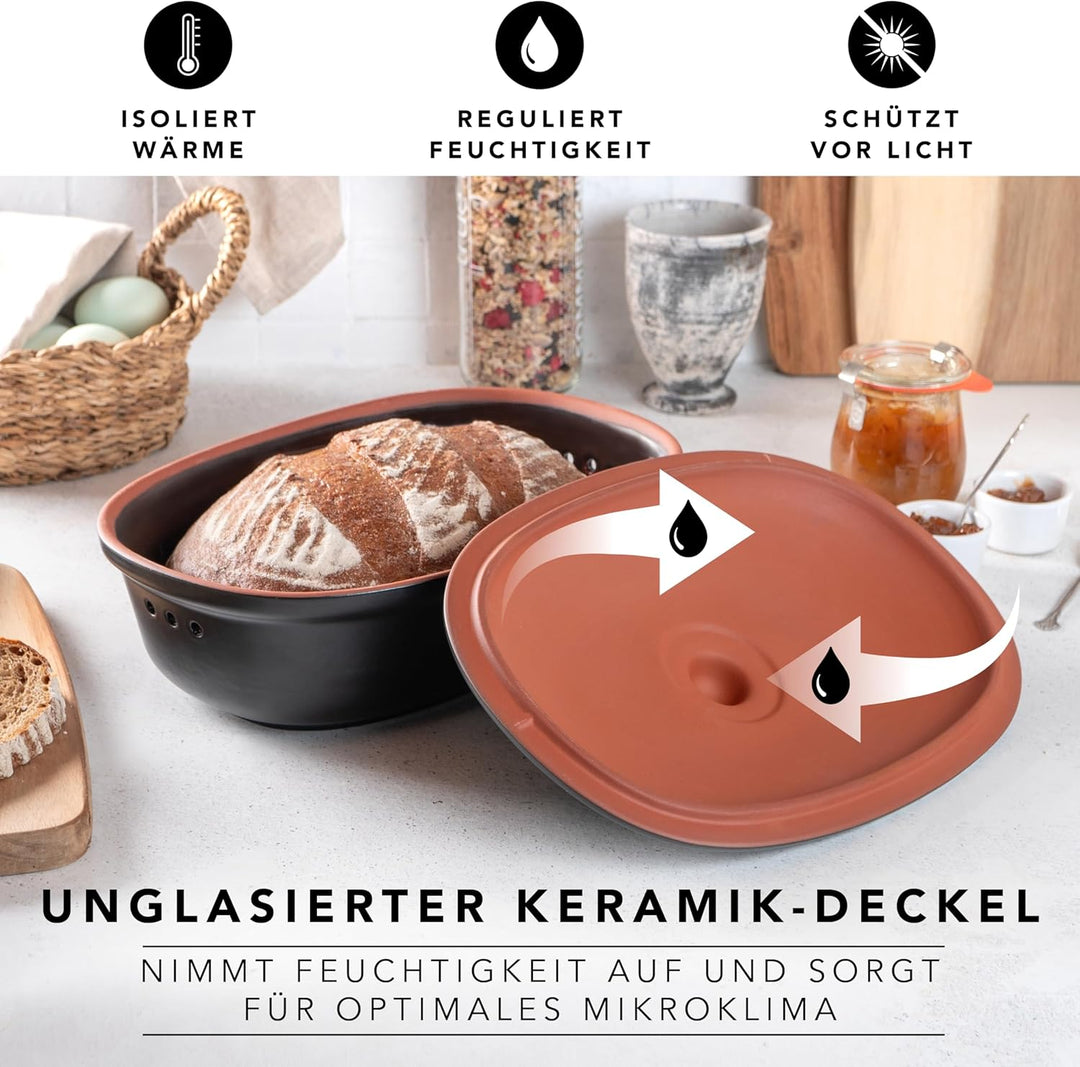 Römertopf Brottopf oval MEDI 2,3 Liter - Brotkasten Schwarz aus Keramik - Atmungsaktiver Tontopf für