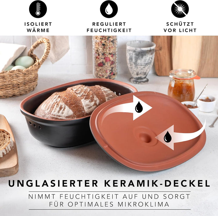 Römertopf Brottopf oval MEDI 2,3 Liter - Brotkasten Schwarz aus Keramik - Atmungsaktiver Tontopf für