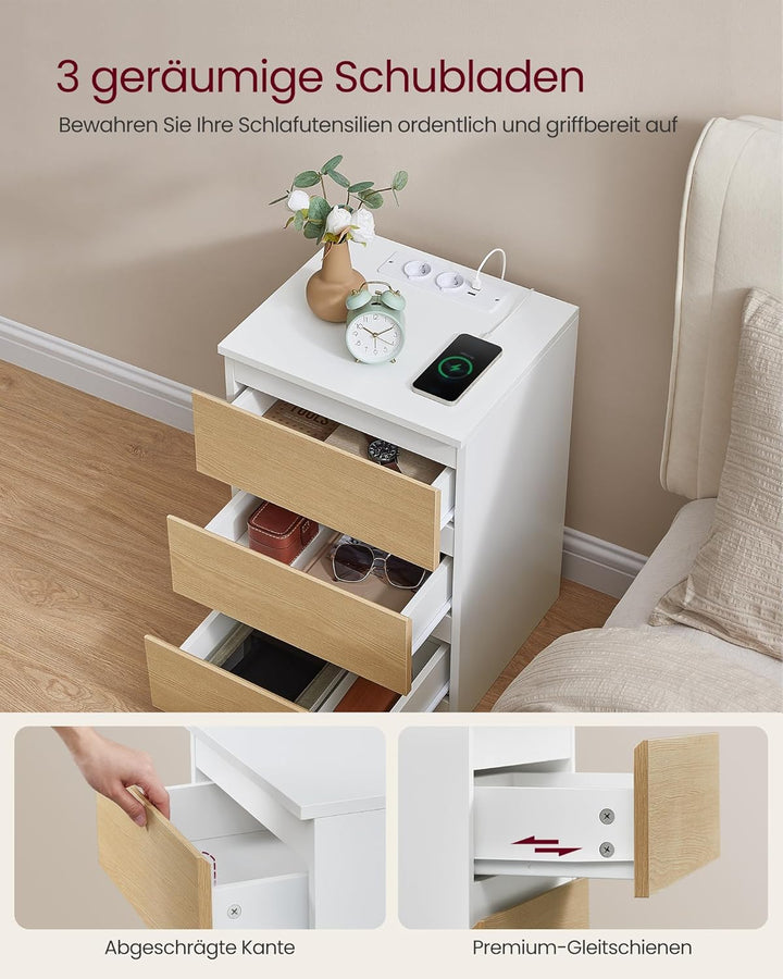 VASAGLE Kailyn Collection - Nachttisch mit Steckdosenleiste, 2er Set, Beistelltisch, 3 Schubladen, 2