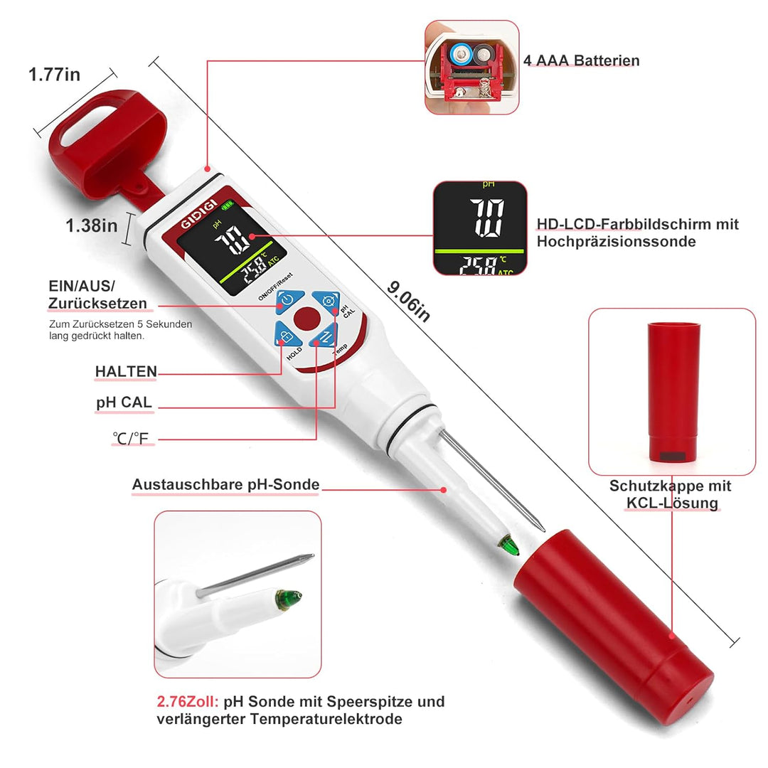 pH Messgerät für Lebensmittel zur Fermentation mit pH-Kalibrierungskits, Farbdisplay, Speerspitze, p