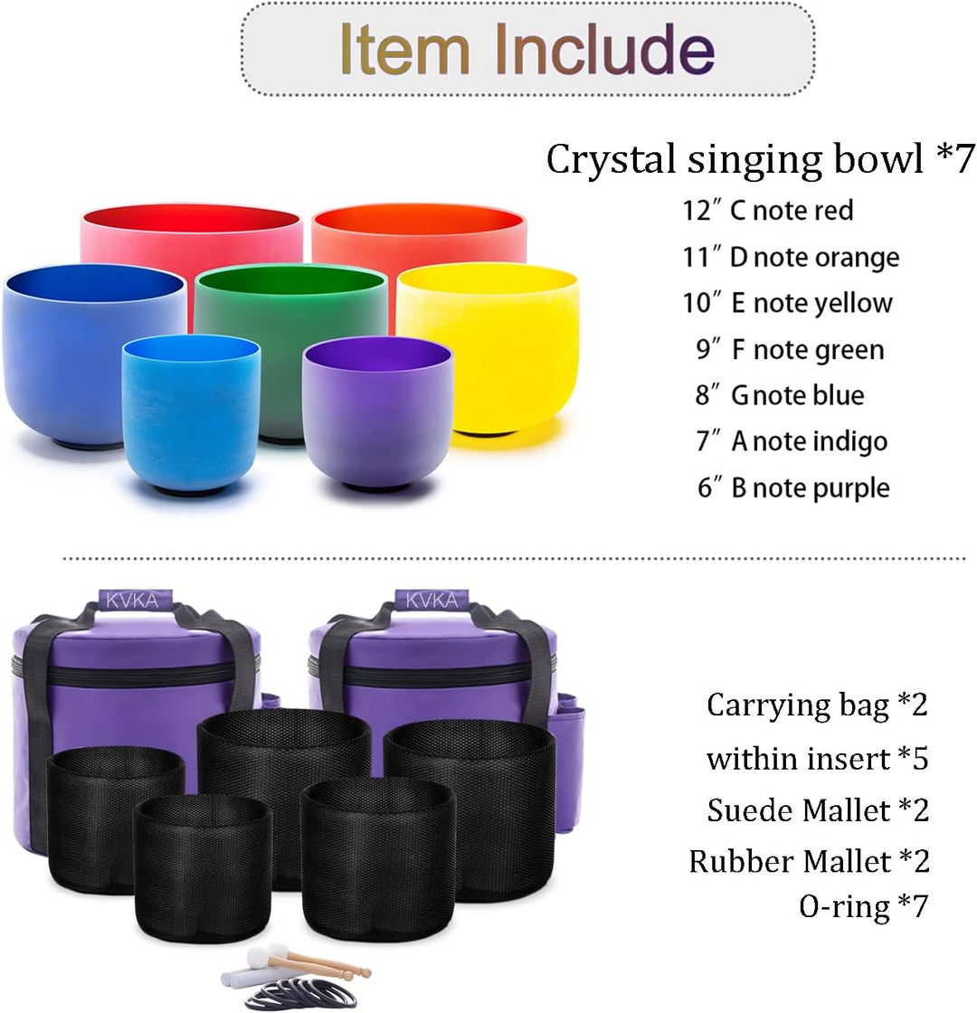 KVKA Chakra Singing Bowls Set 432Hz 7 Colors 6-12 Inch with Heavy Duty Carry Bags and Singing Bowl M