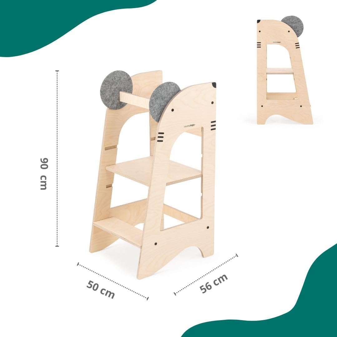 07KRAT Kule Topo Mehrzweck-Montessori-Lernturm - Lernturm aus natürlichem Birkensperrholz mit 3 eins
