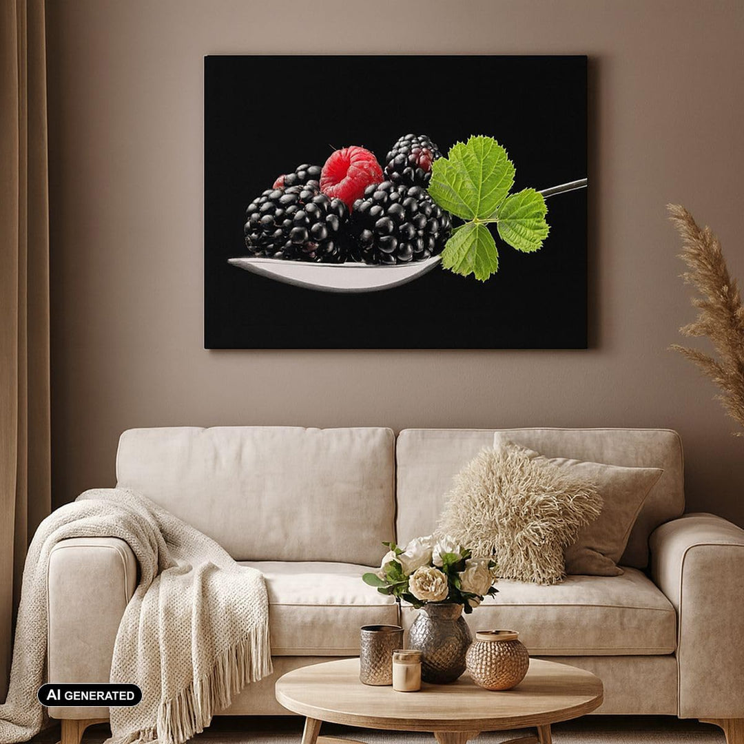 Bilder auf Leinwand Löffel Himbeere Brombeere Frucht Leinwandbild 70x50cm Wandbilder Dekoration Wohn