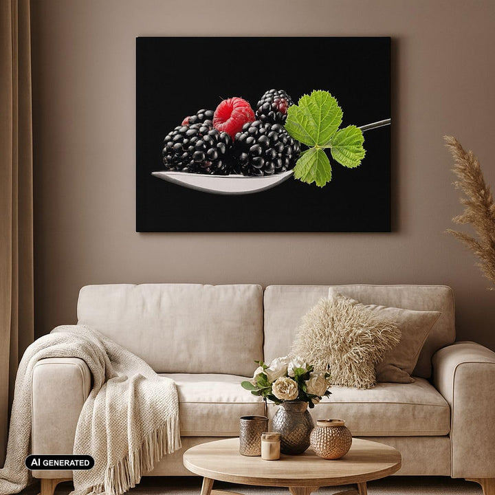 Bilder auf Leinwand Löffel Himbeere Brombeere Frucht Leinwandbild 70x50cm Wandbilder Dekoration Wohn