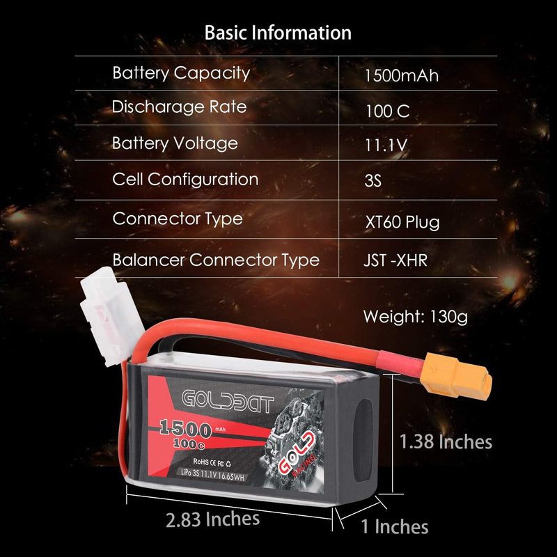 GOLDBAT 3S 11,1V 1500mAh 100C LiPo Wiederaufladbare Batterie mit XT60 Stecker für RC Auto, Skylark m