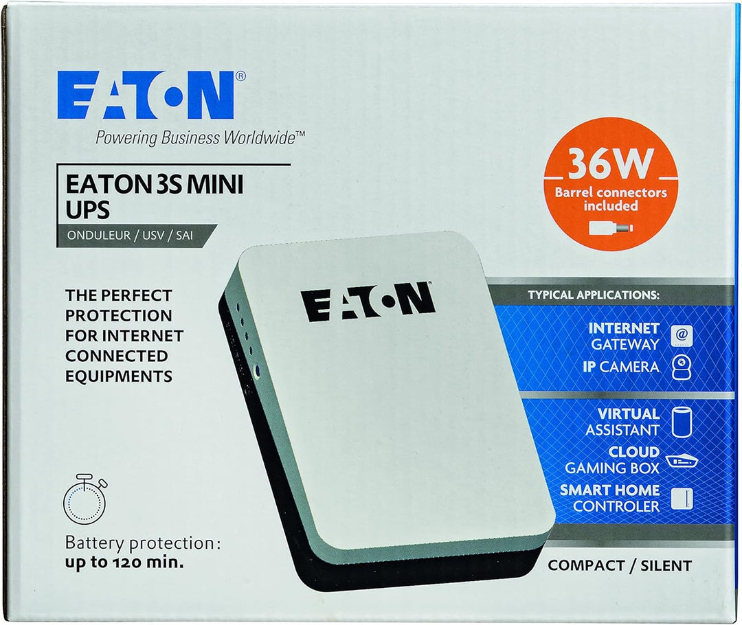 Eaton 3S Mini UPS 3SM36 – DC‑USV 36W – 9/12/15/19V, Lithium‑Ionen, geräuschlos, sichert Router & Sma