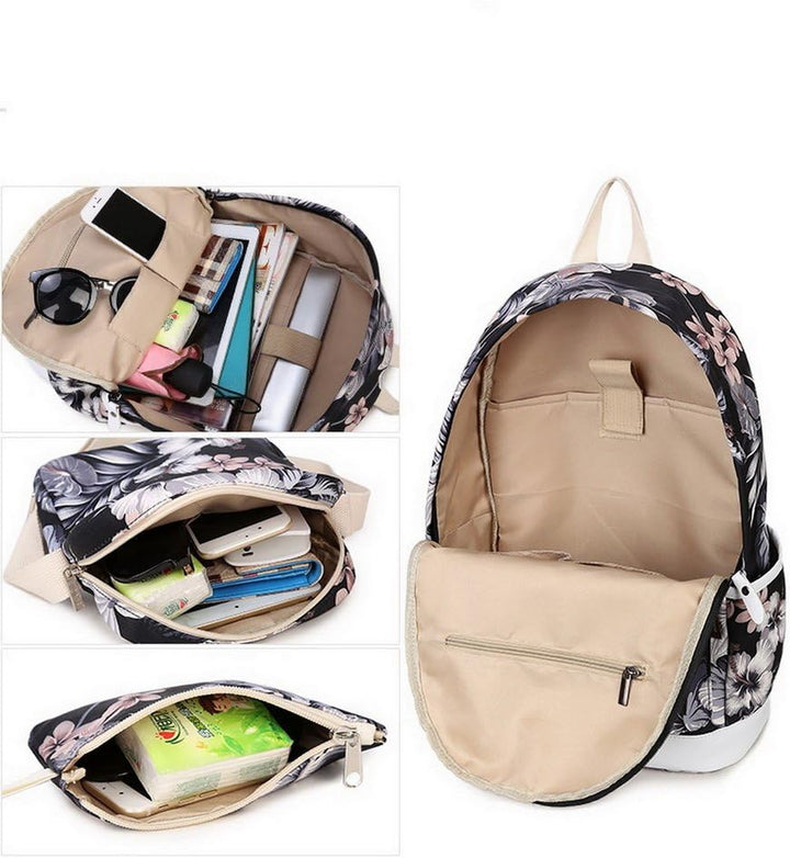 Acmebon Modischer Schulrucksack für Mädchen Laptop-Rucksack-Set 3-teilig für Frauen Blumen, Blumen
