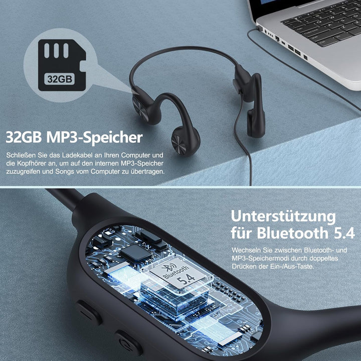 Kopfhörer Schwimmen – Knochenschall Kopfhörer Bluetooth 5.4, IPX8 Wasserdicht,Sportkopfhörer 32G Spe