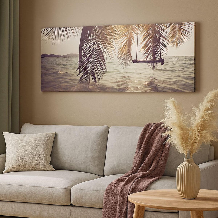 Wandbilder Dekoration Wohnzimmer Meer Palme Wasser Panorama Bilder auf Leinwand 120x50cm Leinwandbil