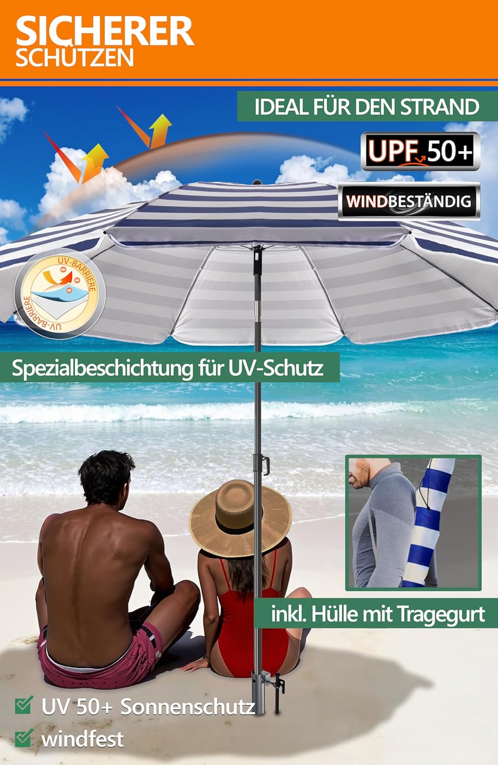 4smile Sonnenschirm Strand Ø 180 cm SET mit Eindrehbodenhülse, Blau-Weiss | Strandschirm Windfest St