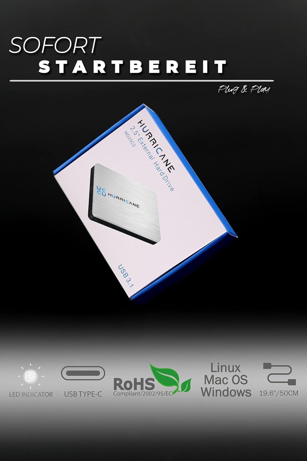 HURRICANE MD25C3 tragbare Externe Festplatte 500GB 2,5" USB C Speicherplatte für Fotos smart TV PC L