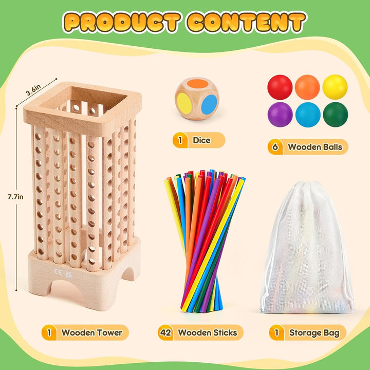 Montessori Spiel Brettspiel aus Holz, 42 Bunte Holzstäbchen Spiele ab 3 Jahren Würfelspiel, Mathe &