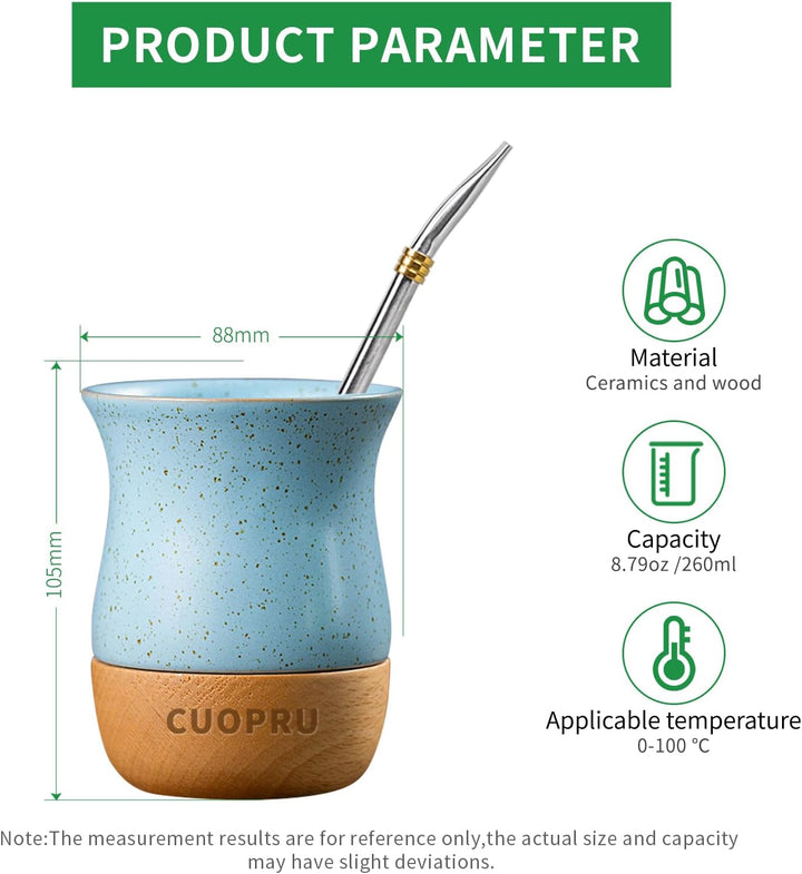 Yerba Mate Keramiktasse mit originalem Holzsockel, 237 ml, inklusive Mate-Kürbis, Bombilla-Strohhalm
