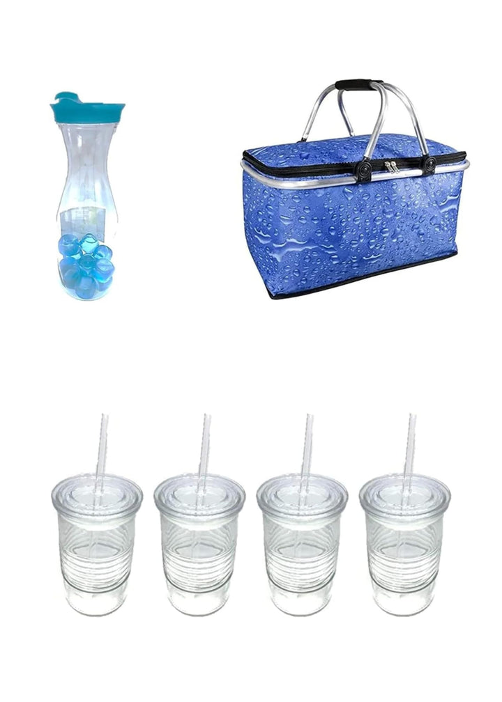 Picknick-Set, 30 L Kühlkorb mit Aluminiumrahmen, 4 Gläser mit Deckel & Strohhalm, 1-L-Karaffe, Eiswü
