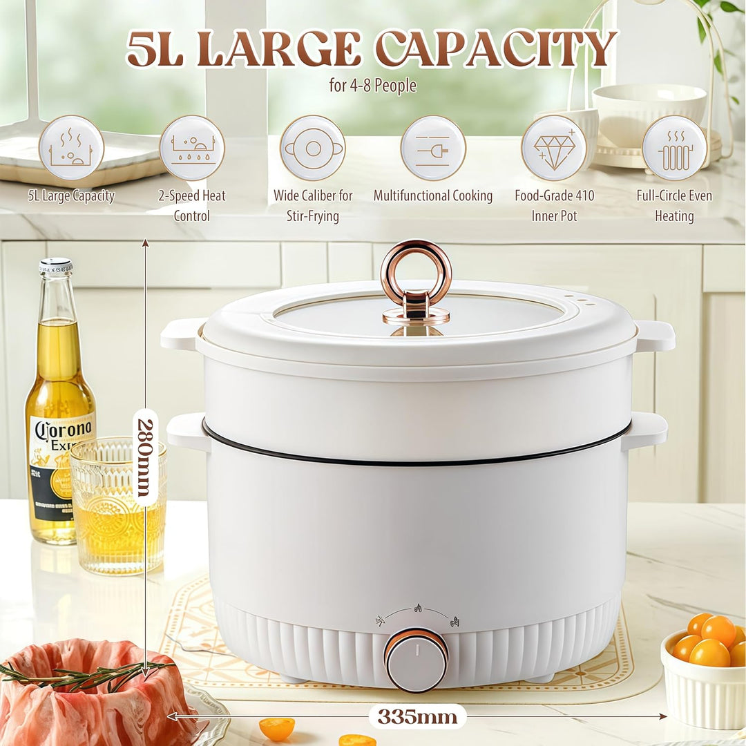 Elektrischer Hot Pot mit Dampfeinsatz, 5L Elektrische Hot Pot, 1350W Hotpot Topf, Tragbare Antihaft