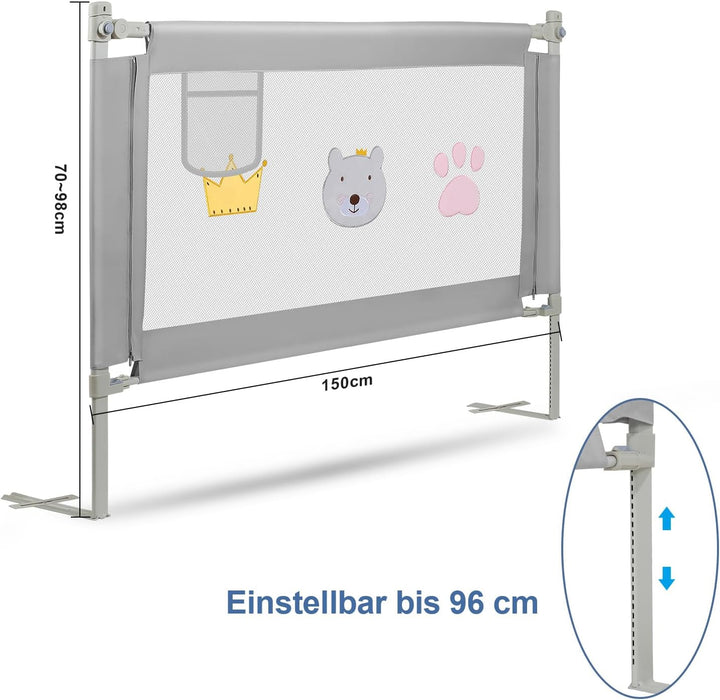 Eulenke 150cm Bettgitter, Bettschutzgitter für Kinderbett, Höhenverstellbar von 70-98cm, Rausfallsch
