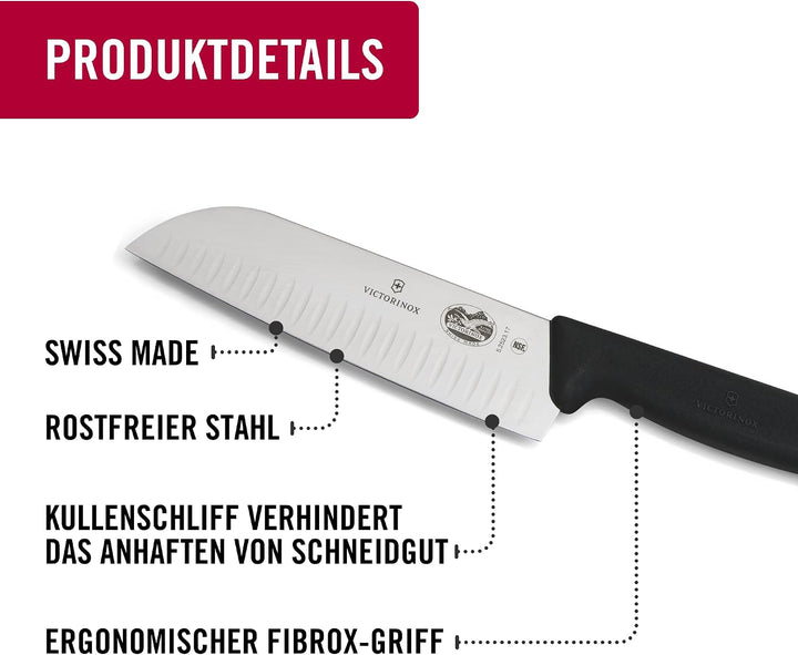 Victorinox Fibrox Santokumesser mit Kullenschliff, Japanisches Küchenmesser für Fleisch, Fisch und G