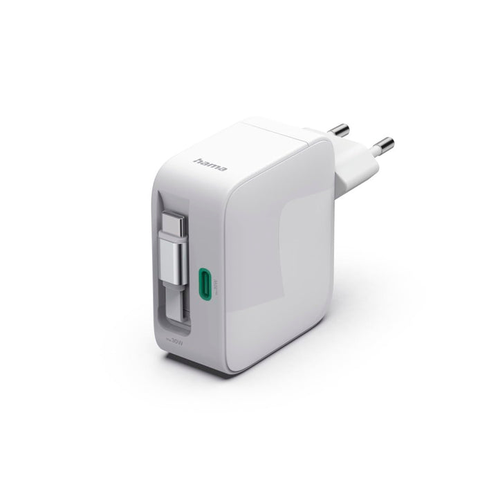 Hama GaN-Schnellladegerät, 30 W, 2X USB-C, ausziehbares USB-C-Kabel, Power Delivery, PD, USB-C-Ladeg