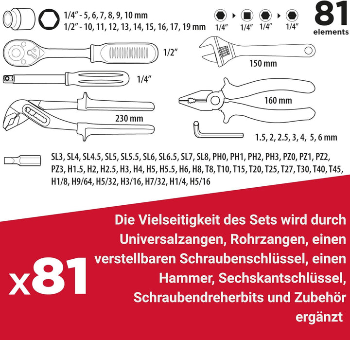 TOP TOOLS Werkzeugkoffer 81-teilig 1/4 & 1/2 Zoll – Steckschlüsselsatz mit Knarre, Zangen, Hammer &