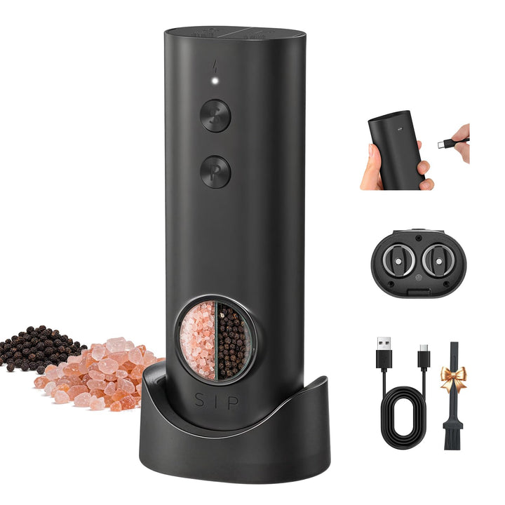 CIRCLE JOY Wiederaufladbares Salz und Pfeffermühle Elektrisch, 2-in-1 Doppelbehälter, Sockel, Weisse