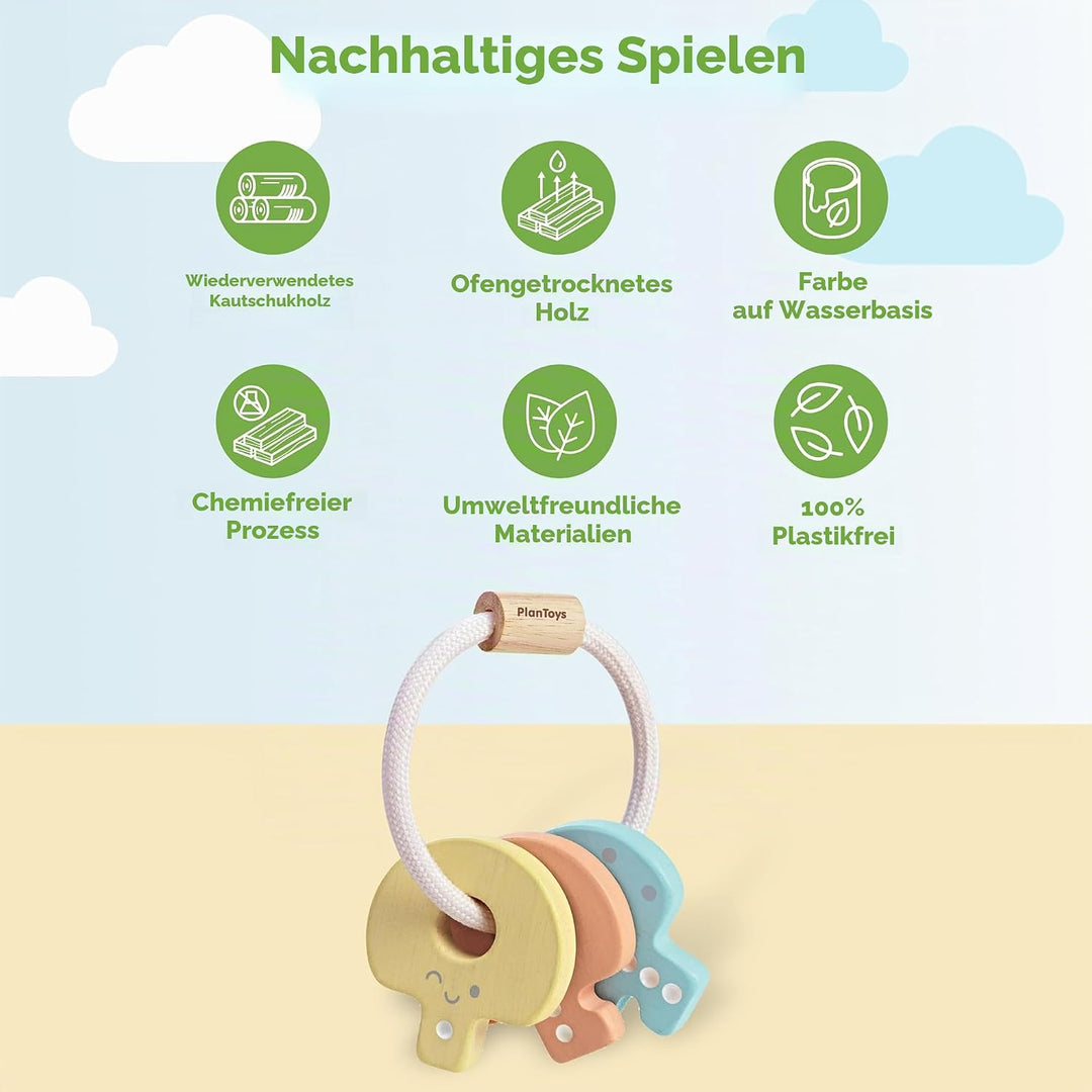 PlanToys Schlüsselrasseln Baby - Rassel und Beissring Baby - Greifling aus Holz - Babyspielzeug - Ho