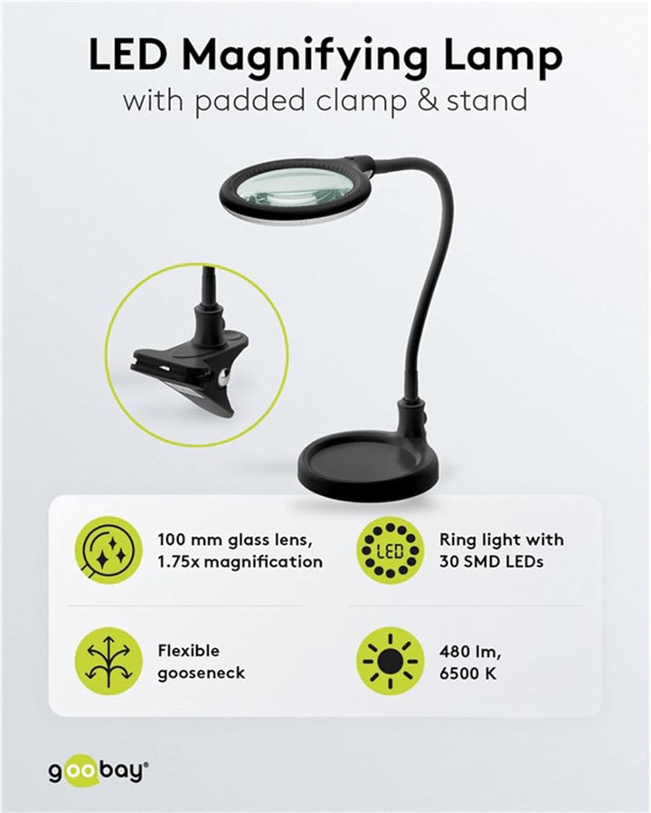 goobay 64990 LED Lupenleuchte - Lupenlampe mit Standfuss - Standlupe Licht - 6 W Leistungsaufnahme -