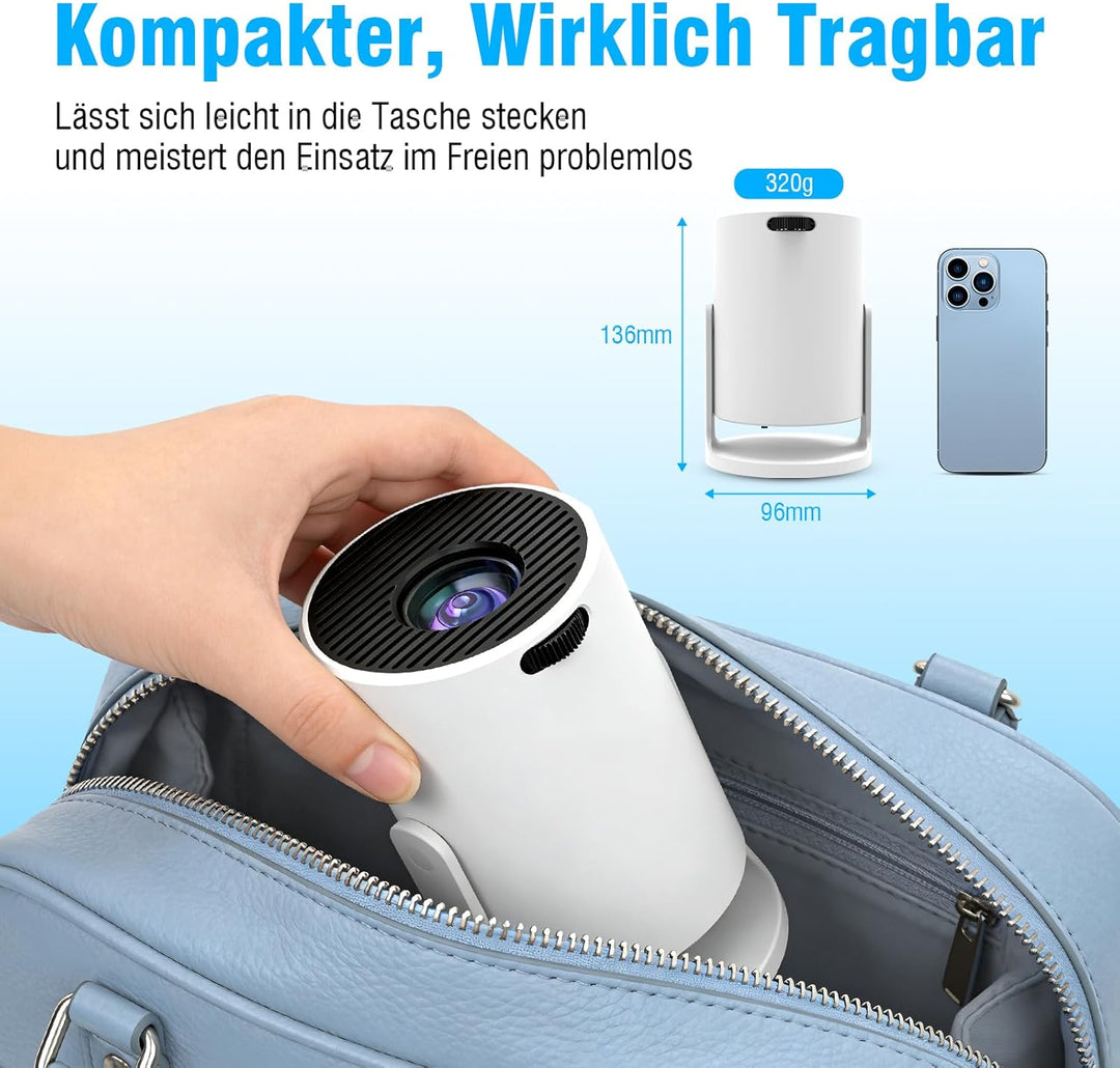 Tragbarer Mini Beamer 4K mit WiFi 6 und Bluetooth, Kleiner Projektor für unterwegs, 360° drehbarer F