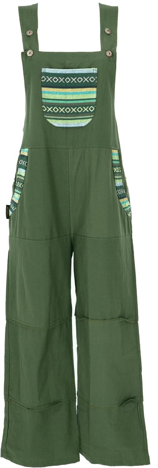 GURU SHOP Weite Latzhose, Ethno Style Oversize Einteiler, Overall, Damen, Baumwolle, Olivgrün