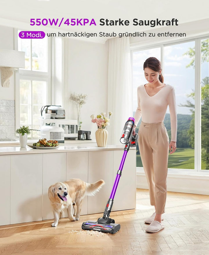 Akku Staubsauger Kabellos Starke Saugkraft | Akkusauge mit LED Display und Anti Tangle Bürste, Selbs