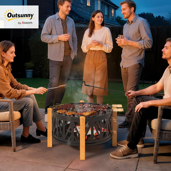 Outsunny 2-in-1 Feuerschale mit Grillrost Ø75 x 58 cm Feuerstelle mit Funkenschutz Schürhaken Feuers