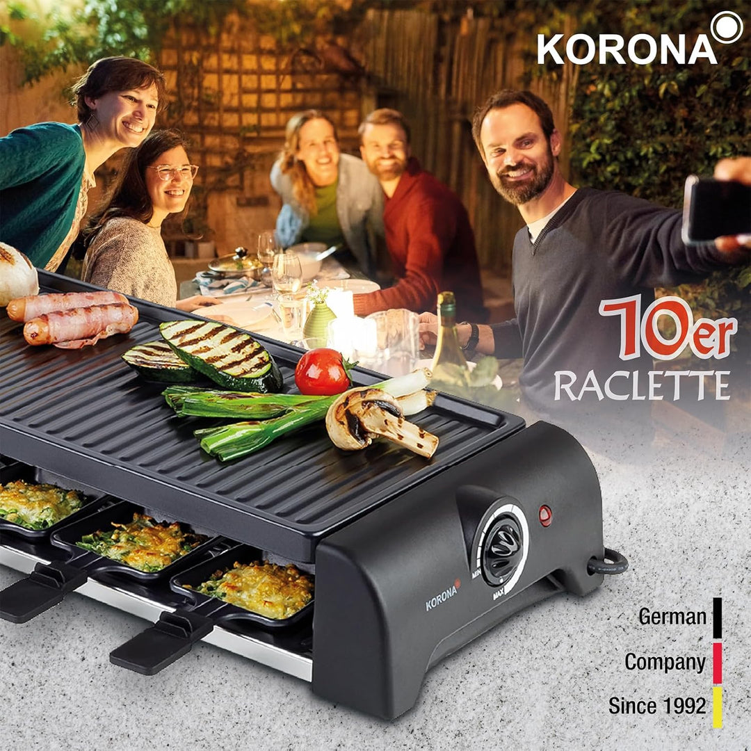 Korona 45060 Raclette für 10 Personen | XXL-Raclette mit 10 Pfannen & Holzspateln | Antihaftbeschich