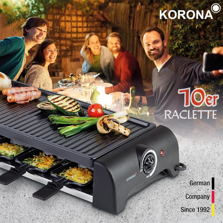 Korona 45060 Raclette für 10 Personen | XXL-Raclette mit 10 Pfannen & Holzspateln | Antihaftbeschich