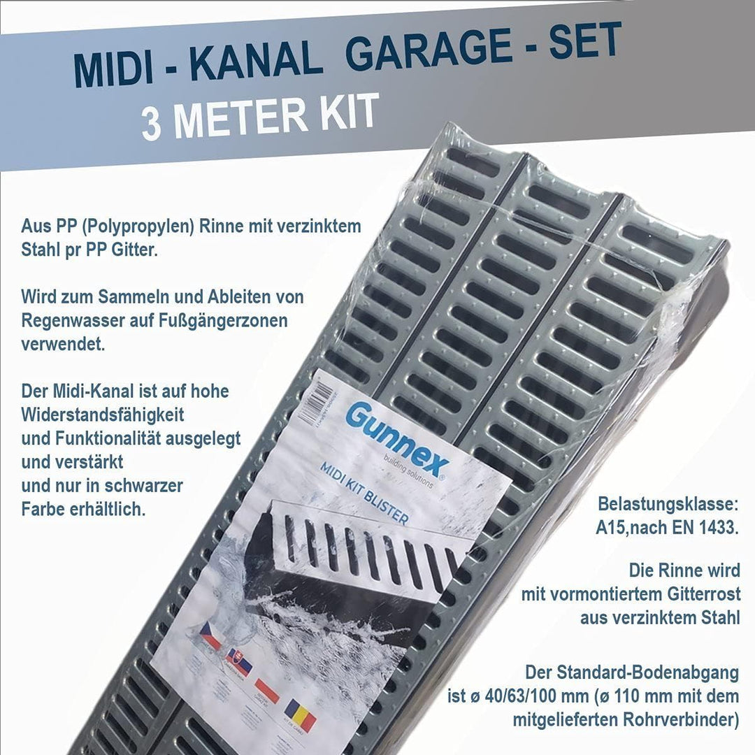 Entwässerungsrinne STAHL A15 Garage-Set 3 Meter Kit Midi-Kanal Rinne DAKOTA GUNNEX (3m), 3m
