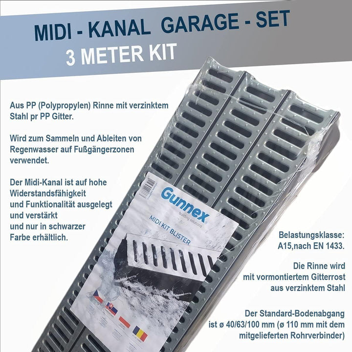 Entwässerungsrinne STAHL A15 Garage-Set 3 Meter Kit Midi-Kanal Rinne DAKOTA GUNNEX (3m), 3m