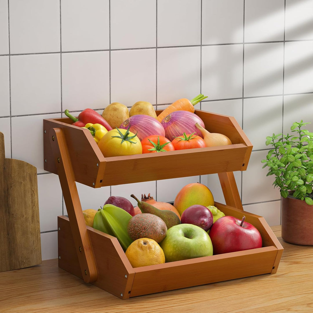 Obstkorb Bambus, 2-stufiger Obst und Gemüse Aufbewahrung Obstschale, Perfekt für Küchenarbeitsplatte
