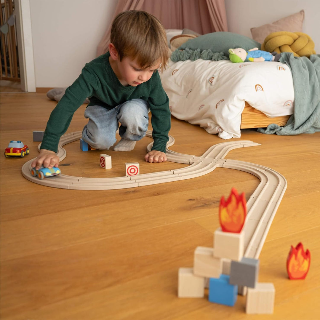 HABA Cars Ergänzungsset – 8 Schienen aus recyceltem Holz und Kunststoff – Extragrosse, einfach zu ve