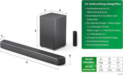 Philips TAB5309 Soundbar 2.1 mit drahtlosem Subwoofer - 2,1 Kanal 240W, DTS Virtual X, Bluetooth 5.4