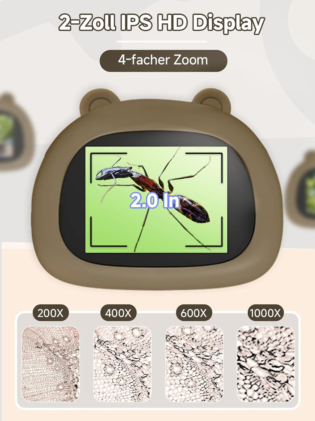 Mikroskop für Kinder, Digitales Taschenmikroskop mit 2,0" IPS-Bildschirm Lupe 200x Vergrösserung, 8