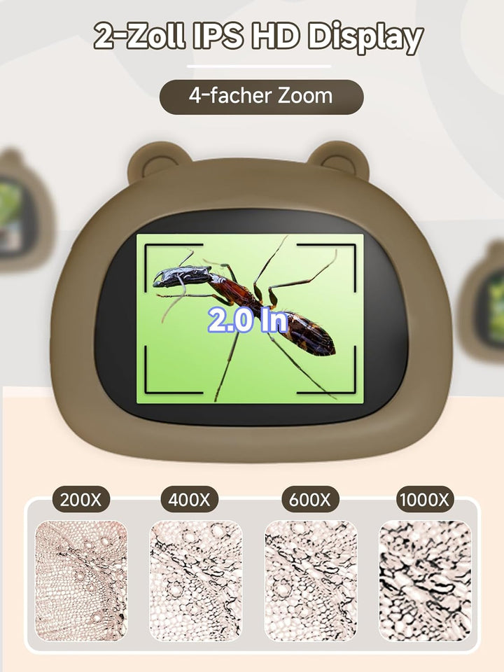 Mikroskop für Kinder, Digitales Taschenmikroskop mit 2,0" IPS-Bildschirm Lupe 200x Vergrösserung, 8
