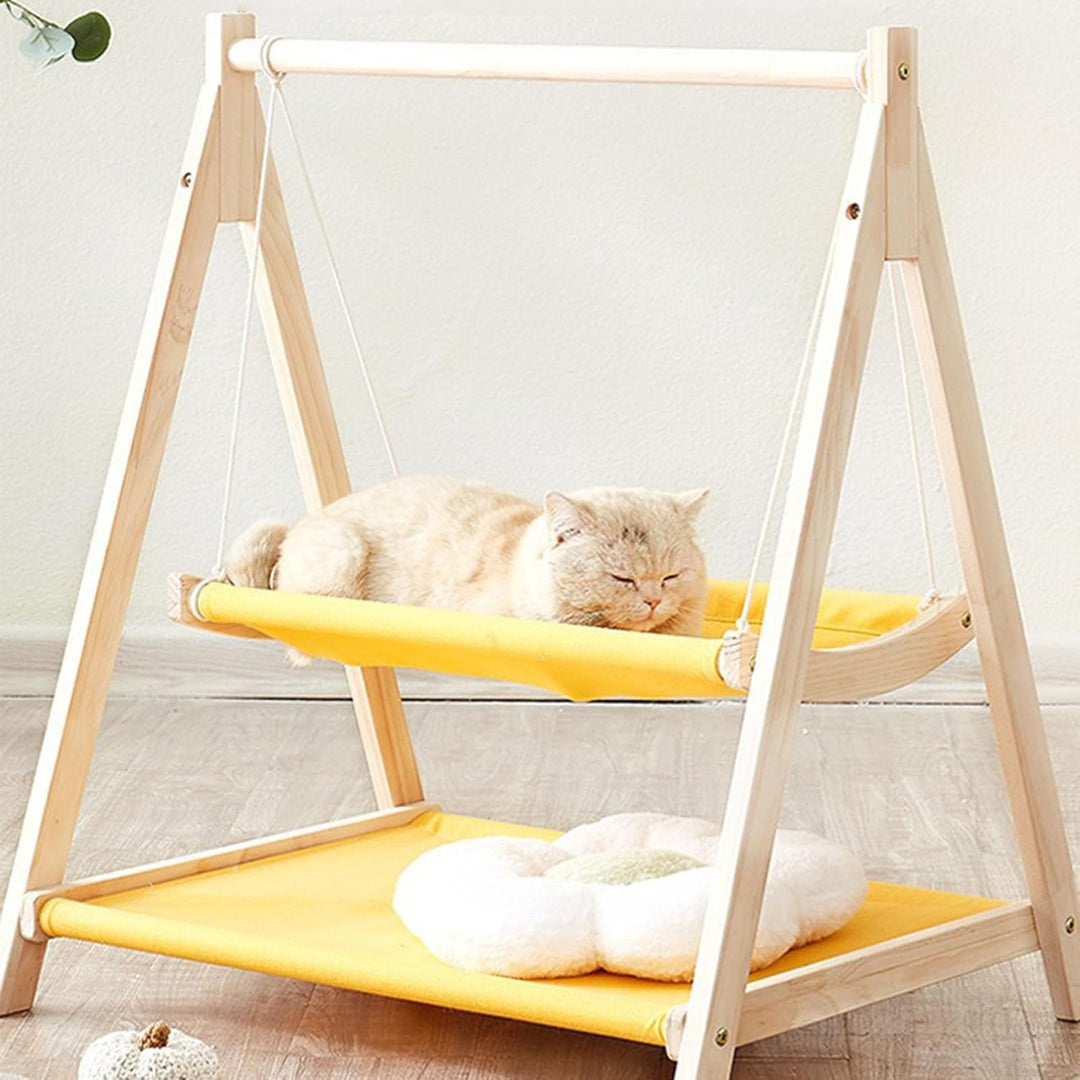 Katzenschaukel-Hängemattenbett, 2-lagiges, Erhöhtes Katzenbett mit Holzrahmen, Stark Belastbar, Krat