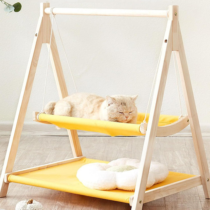 Katzenschaukel-Hängemattenbett, 2-lagiges, Erhöhtes Katzenbett mit Holzrahmen, Stark Belastbar, Krat