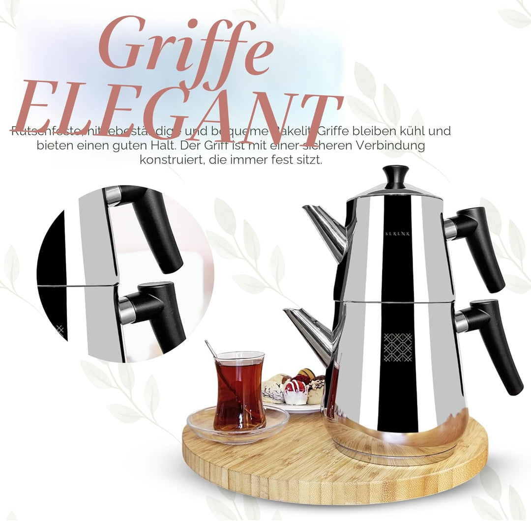 Serenk Edelstahl-Teekannen-Set, 1L & 2L, Doppelstöckig, Induktionsgeeignet, Schwarzer Griff Silber/S