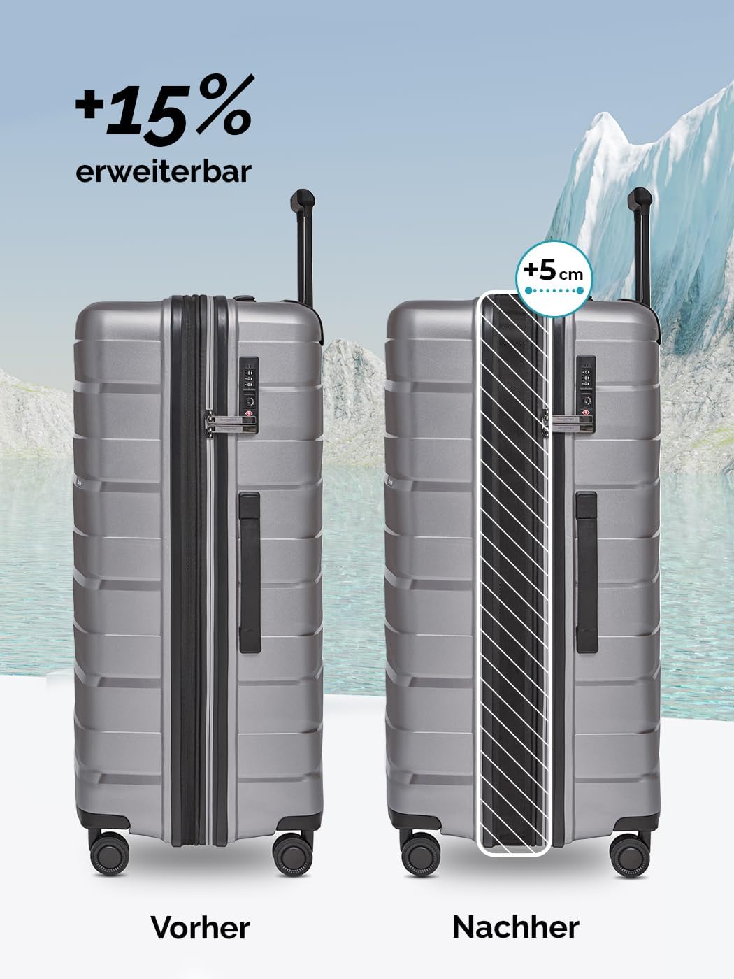Koffer-Set 3-teilig |Hochwertiges Polypropylen-Material |mit Dehnfalte erweiterbares Koffer-Set Unis
