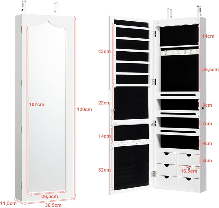 GOPLUS Schmuckschrank mit Schloss & 2 Schlüsseln, Schmuckregal mit LED-Beleuchtung, Spiegelschrank m