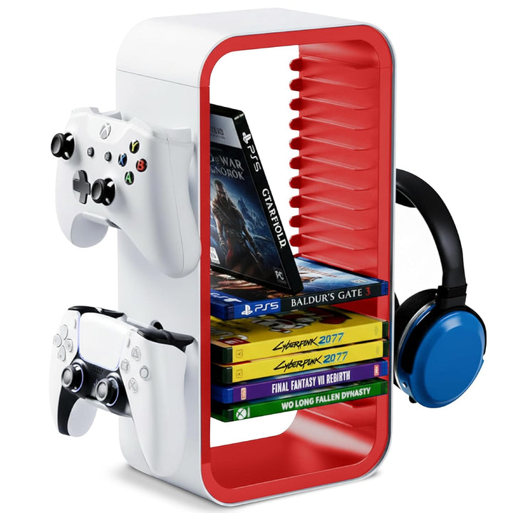 Universal Games Storage Tower Pro - Bis zu 18 Spiele - Mit Controller Halterung für bis zu 4 Gamepad